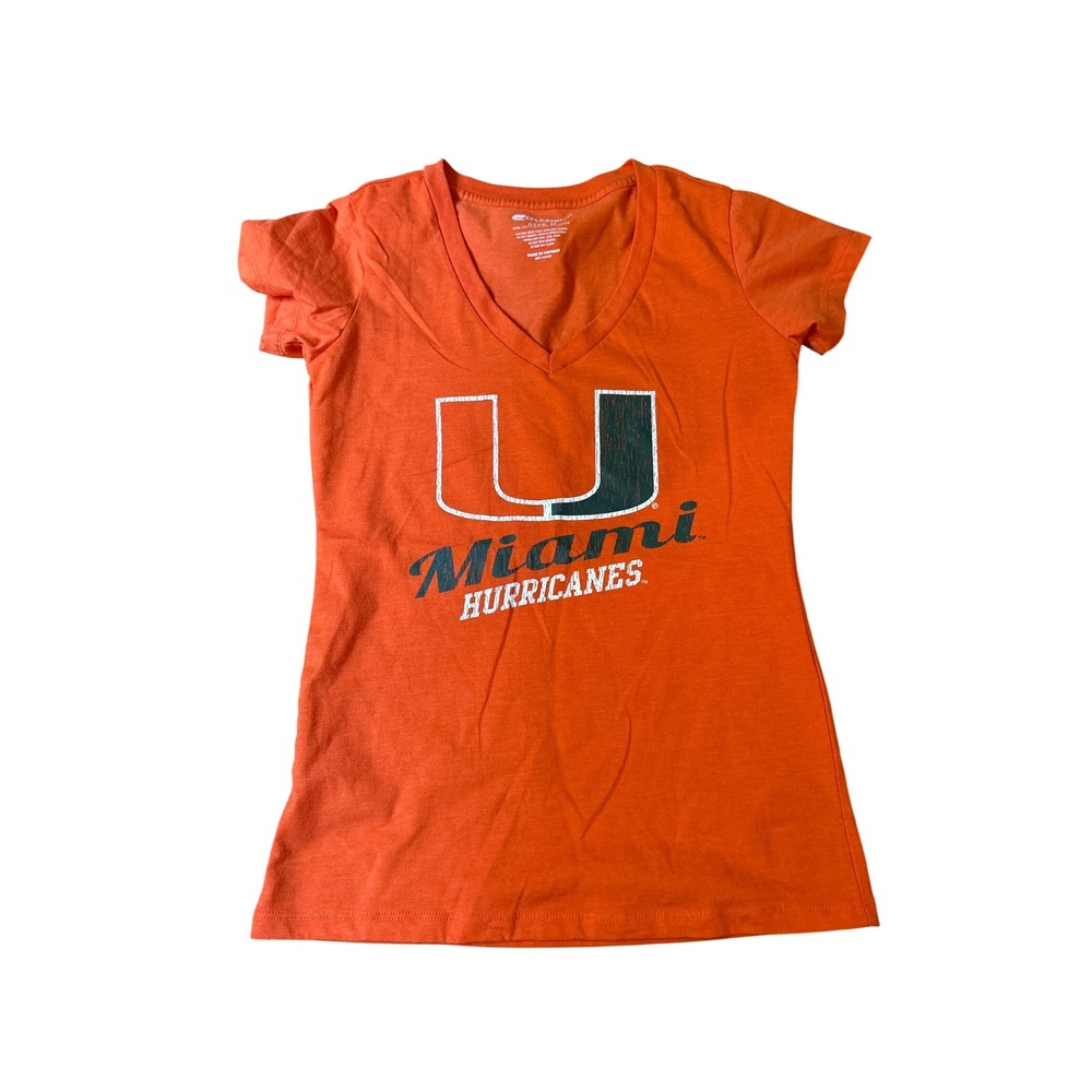 Colosseum Miami Hurricanes T-Shirt Women Orange V-Neck Graphic Tee SIZE M